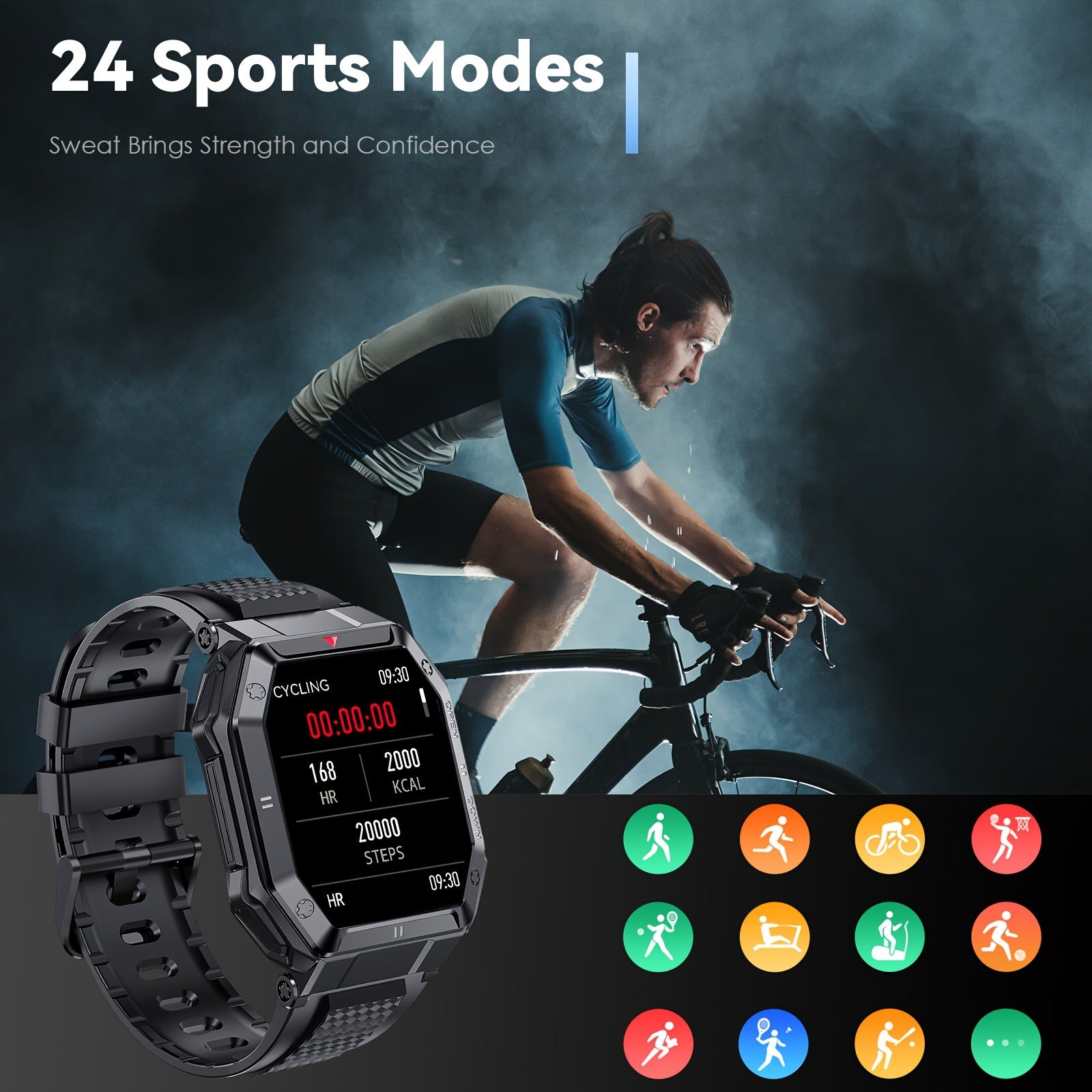 JELLOO Men's Military Outdoor Sports Smart Watch For Men With 1.85" Large Screen Super Long Standby Fitness Tracker For Android IOS Phone - MVP Sports Wear & Gear