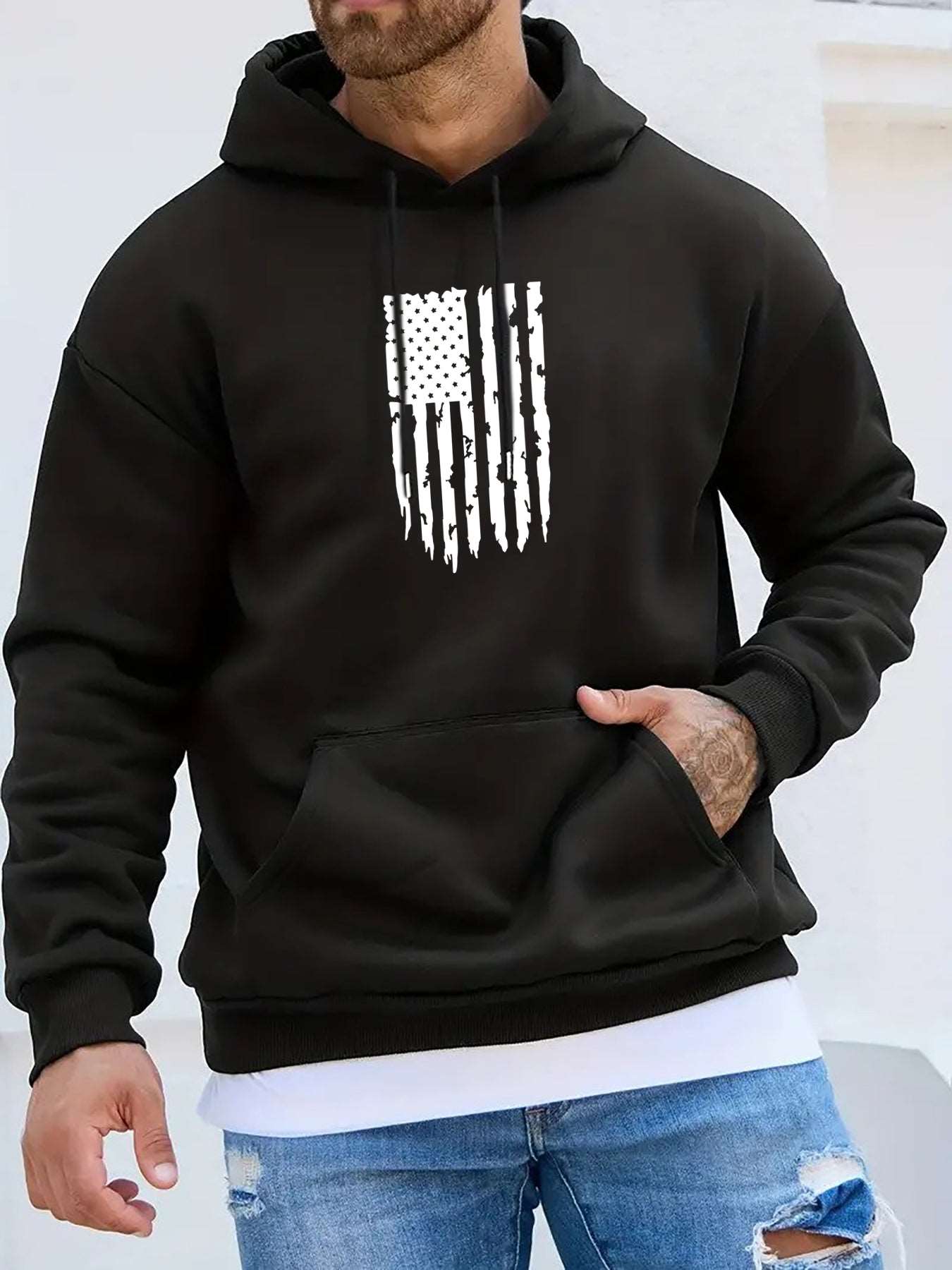 American Flag Print, Men's Trendy Graphic Hoodie, Casual Slightly Stretch Breathable Hooded Sweatshirt For Outdoor - MVP Sports Wear & Gear