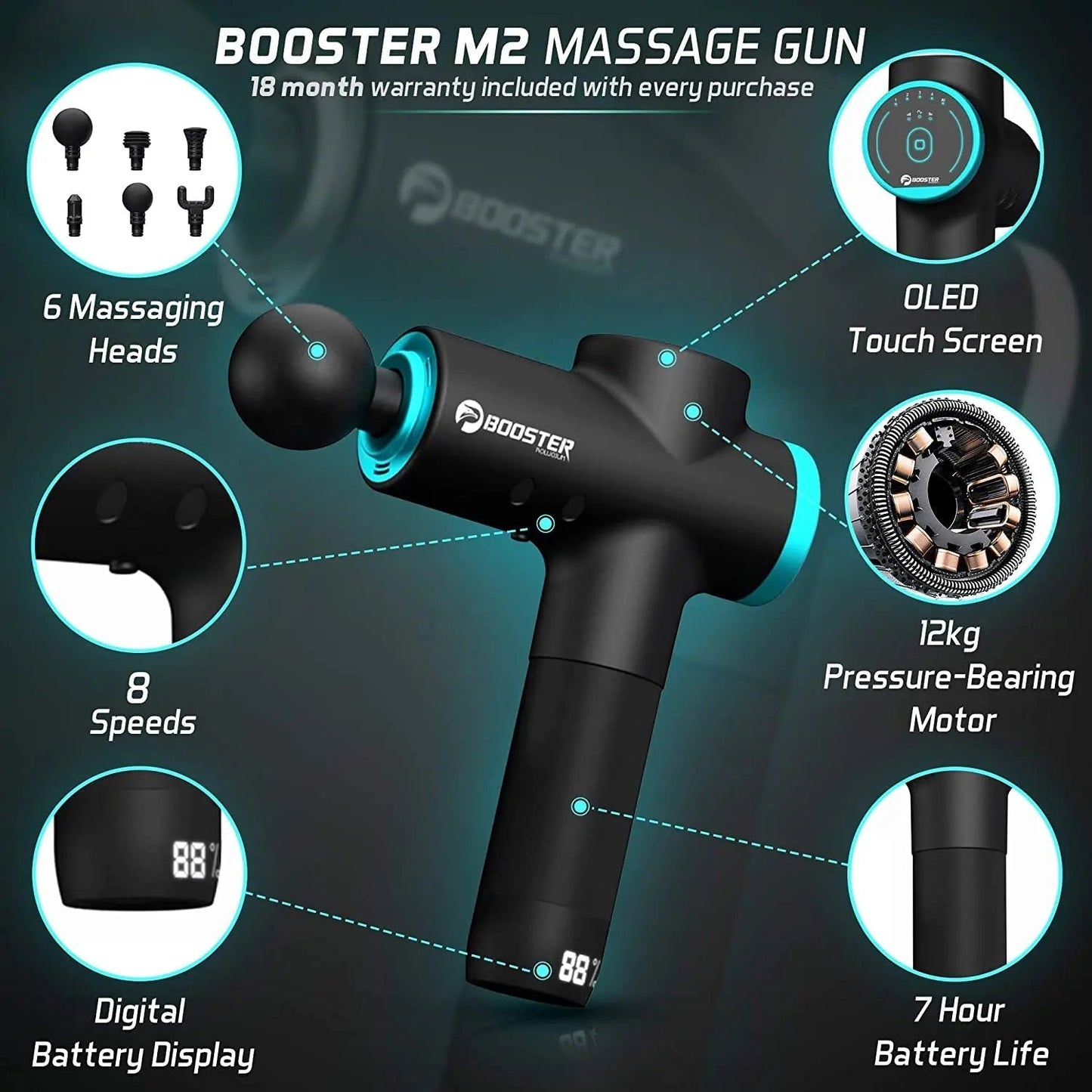 Booster M2-12V LCD Display Massage Gun, Professional, Muscle Massager, Pain Relief - MVP Sports Wear & Gear