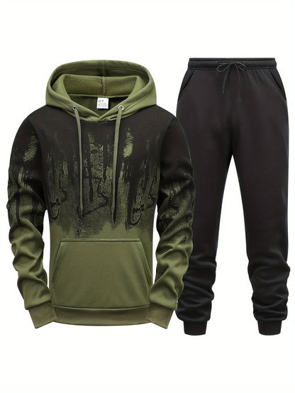 Gradient Style Print Men's 2 Pieces Outfits, Men's Pocket Hoodie And Drawstring Sports Trousers, Casual Wear - MVP Sports Wear & Gear