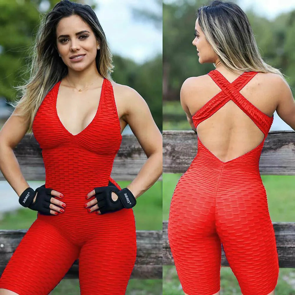 INFILAR Backless Sport Bodysuits Women Fitness Jumpsuits V-neck Sleeveless Yoga Sport Suit One Piece Set Workout Activewear - MVP Sports Wear & Gear