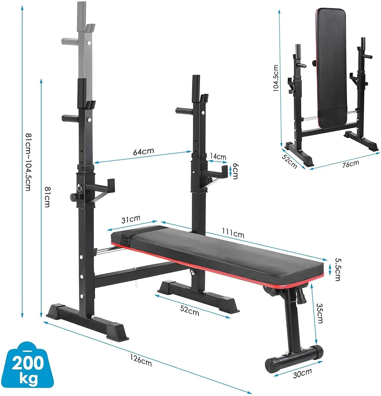 Multifunction Bench with Barbell Rack, Foldable, Workout Bench and Squat Rack Up To 200 Kg - MVP Sports Wear & Gear