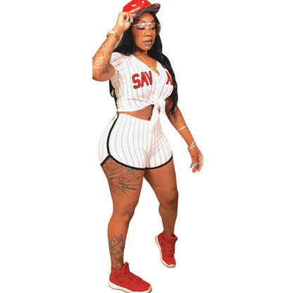 Women’s Baseball Jerseys Short Sleeve Striped Letter Print V-neck Top Shorts MVP Sports Wear & Gear