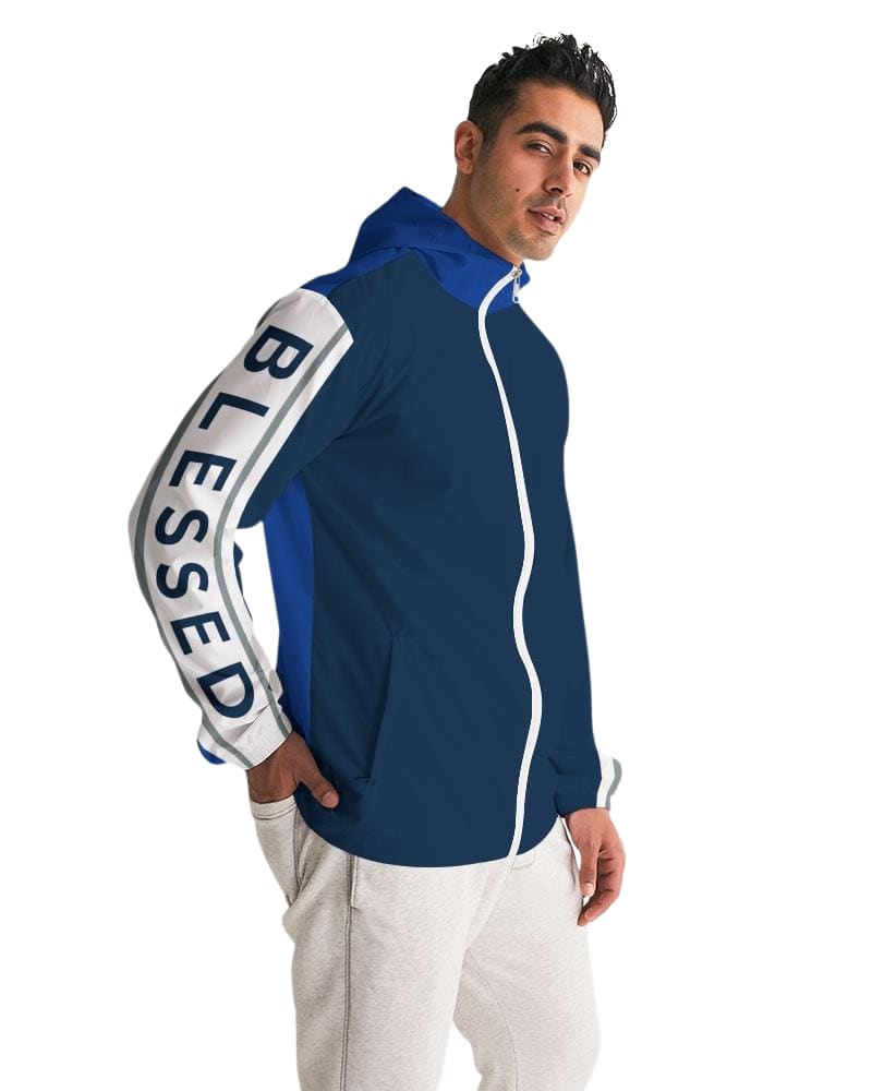 Men's Hooded Windbreaker - Blessed Sleeve Stripe Blue Water Resistant Jacket - J7rw0x by inQue.Style - MVP Sports Wear & Gear