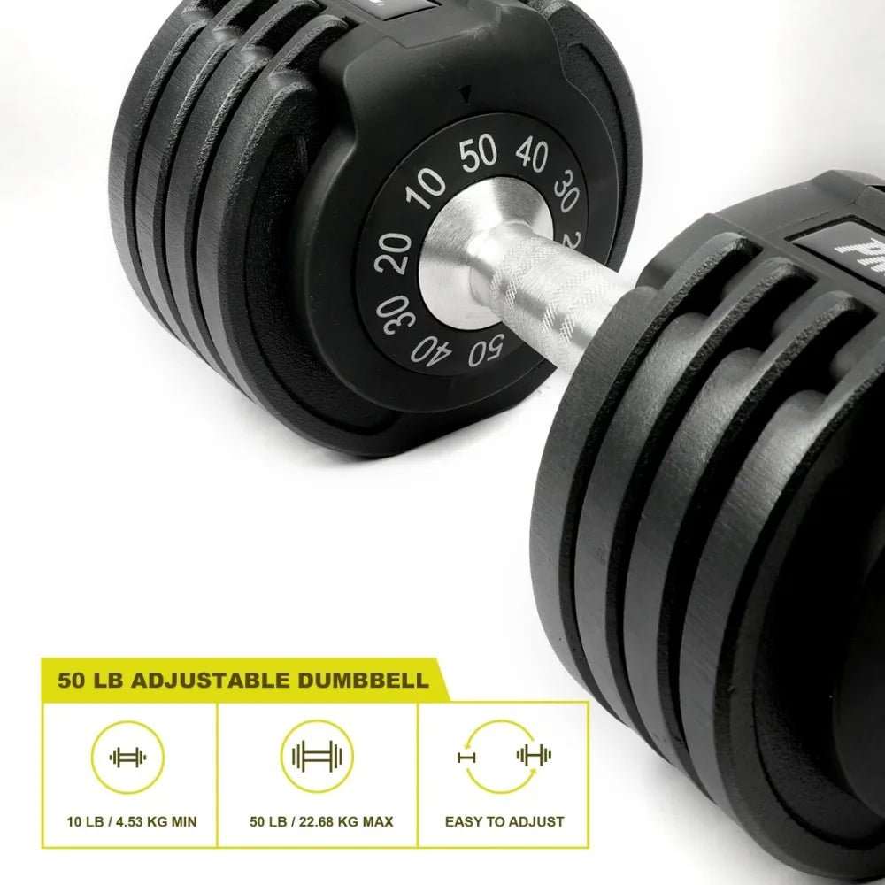 10-50 lb Quick Select Adjustable Dumbbell, Enhanced 3-Point Safety Locking System, Single, Black - MVP Sports Wear & Gear