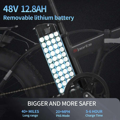 20 INCH Electric Bicycle 1000W 48V 12.8AH Lithium Battery Mechanical Disc Brake 500W Fat Tire Folding - MVP Sports Wear & Gear