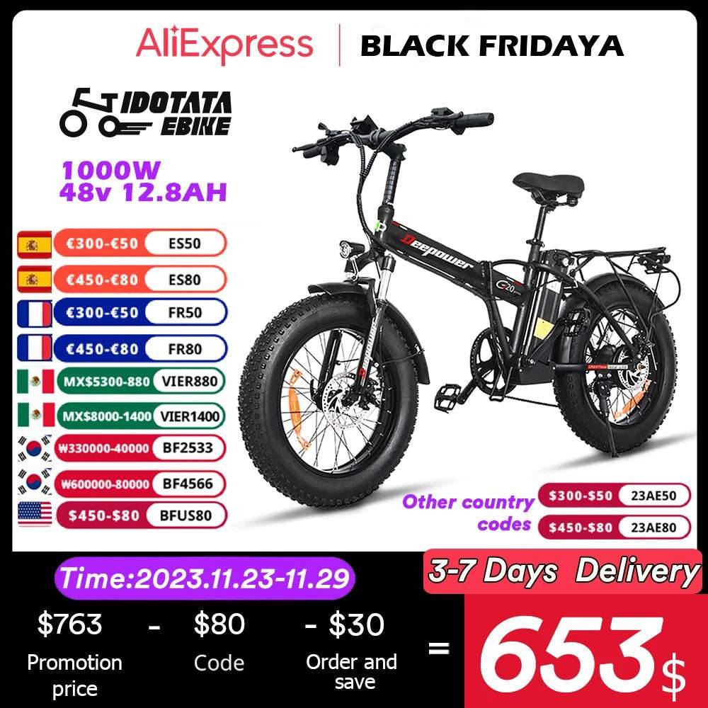 20 INCH Electric Bicycle 1000W 48V 12.8AH Lithium Battery Mechanical Disc Brake 500W Fat Tire Folding - MVP Sports Wear & Gear