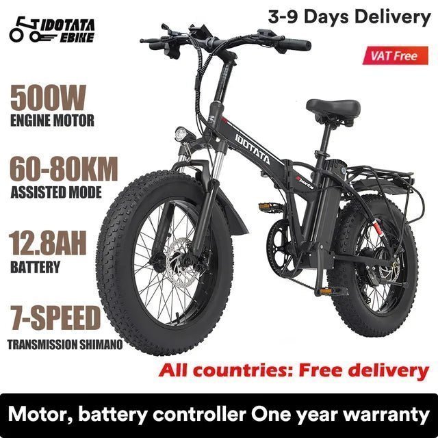 20 INCH Electric Bicycle 1000W 48V 12.8AH Lithium Battery Mechanical Disc Brake 500W Fat Tire Folding - MVP Sports Wear & Gear