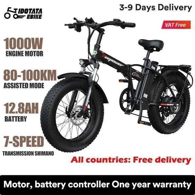 20 INCH Electric Bicycle 1000W 48V 12.8AH Lithium Battery Mechanical Disc Brake 500W Fat Tire Folding - MVP Sports Wear & Gear