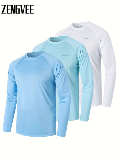 3 Pcs, Men's UPF 50+ Sun Protection T-shirts, Long Sleeve Comfy Quick Dry Tops For Men's Outdoor Fishing Activities - MVP Sports Wear & Gear